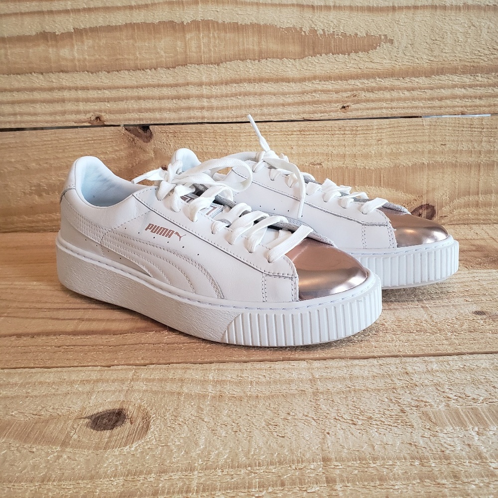 Puma Basket Platform Metallic White Rose Gold Shoe